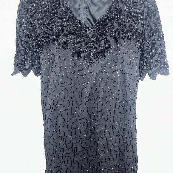 Vintage Laurence Kazar Silk Dress 2XL Black Beaded Sequin Elegant Formal Holiday - Picture 3 of 16